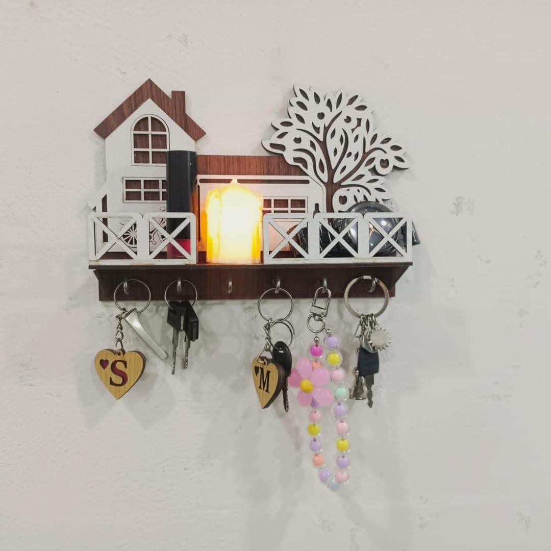 Tree & House Key & Phone Wall Holder | Dark Wood Wall Mounted Organizer with Hooks