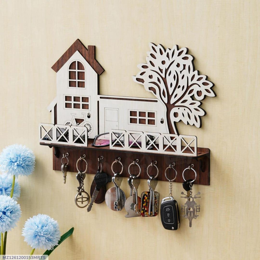 Tree & House Key & Phone Wall Holder | Dark Wood Wall Mounted Organizer with Hooks