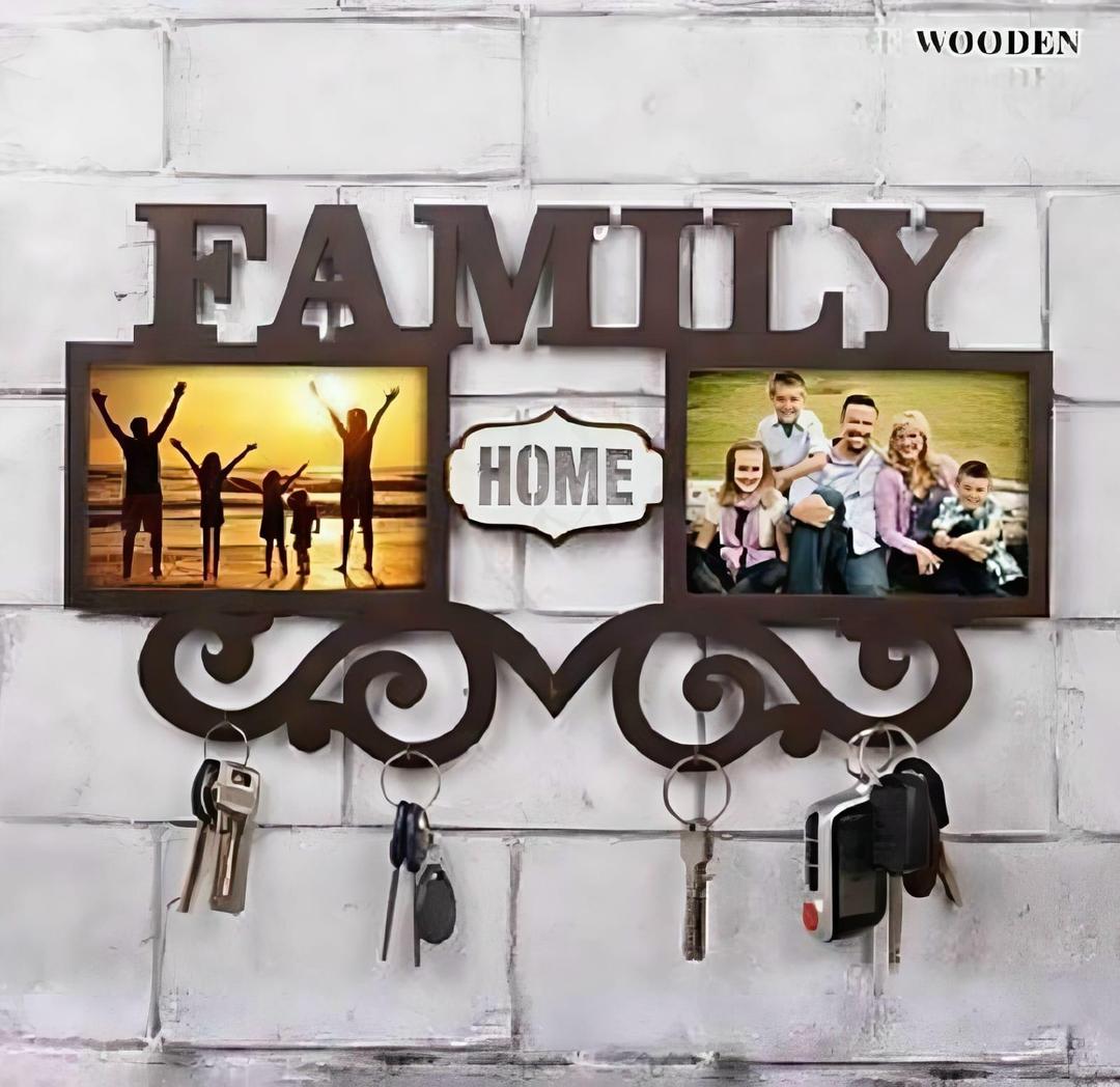 Family Wall Art Key Holder Brown MDF 5-Piece Set | Decorative Wall Mounted Key Organizer