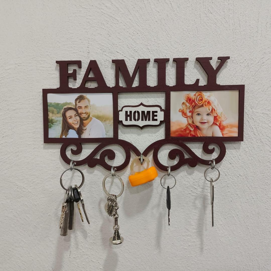 Family Wall Art Key Holder Brown MDF 5-Piece Set | Decorative Wall Mounted Key Organizer