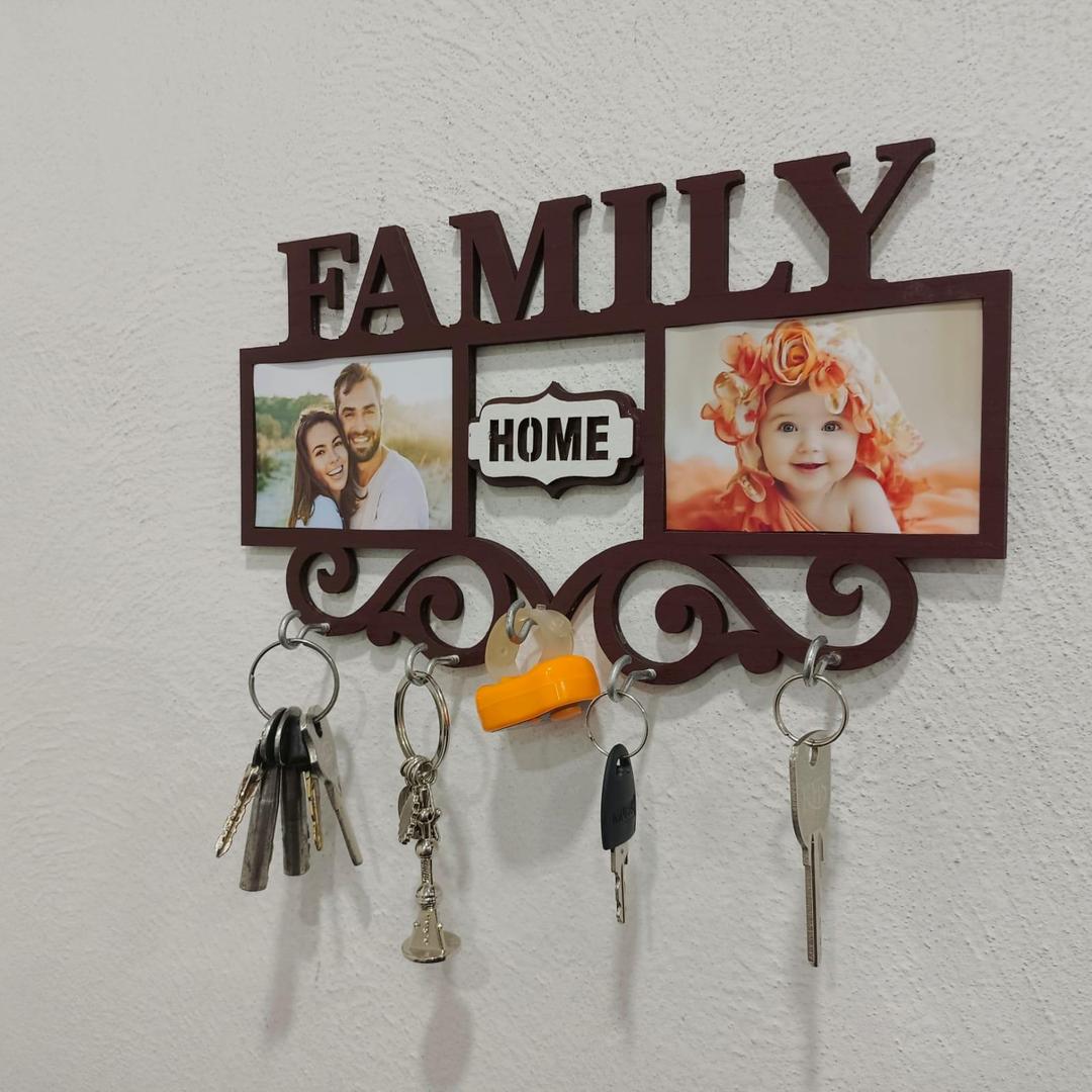 Family Wall Art Key Holder Brown MDF 5-Piece Set | Decorative Wall Mounted Key Organizer