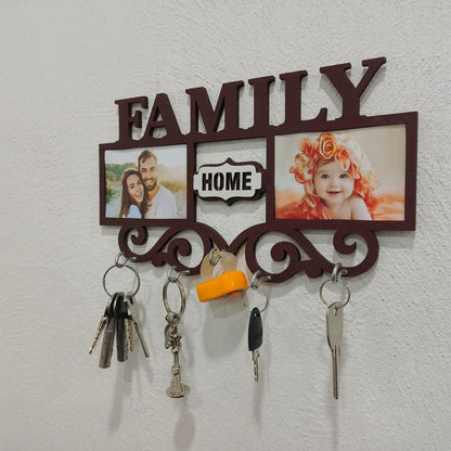 Family Wall Art Key Holder Brown MDF 5-Piece Set | Decorative Wall Mounted Key Organizer