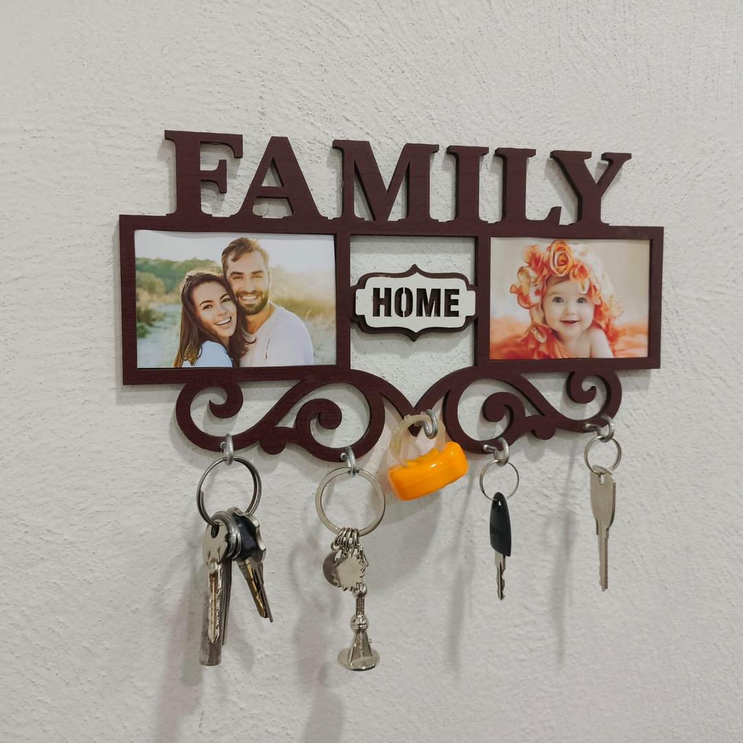 Family Wall Art Key Holder Brown MDF 5-Piece Set | Decorative Wall Mounted Key Organizer