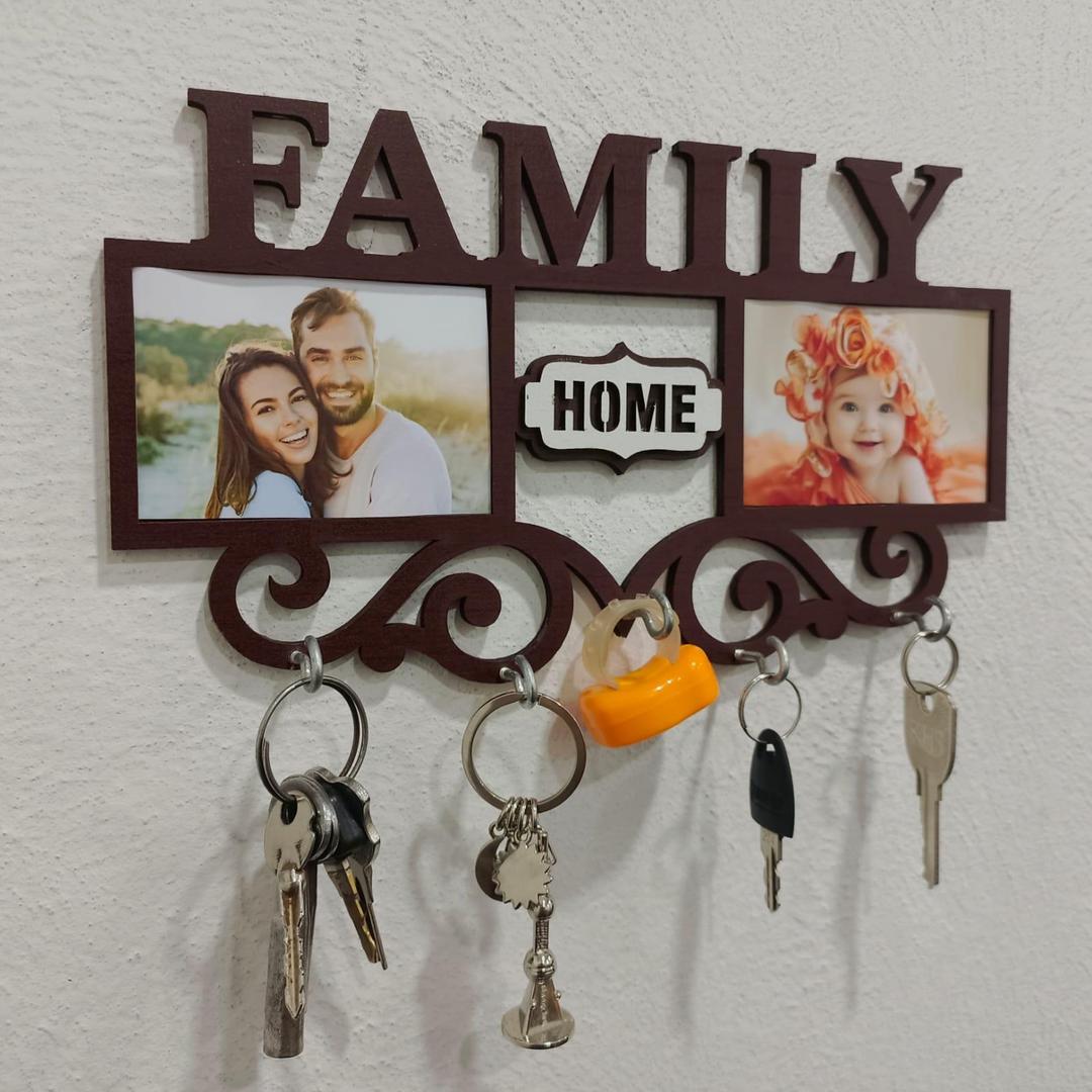 Family Wall Art Key Holder Brown MDF 5-Piece Set | Decorative Wall Mounted Key Organizer