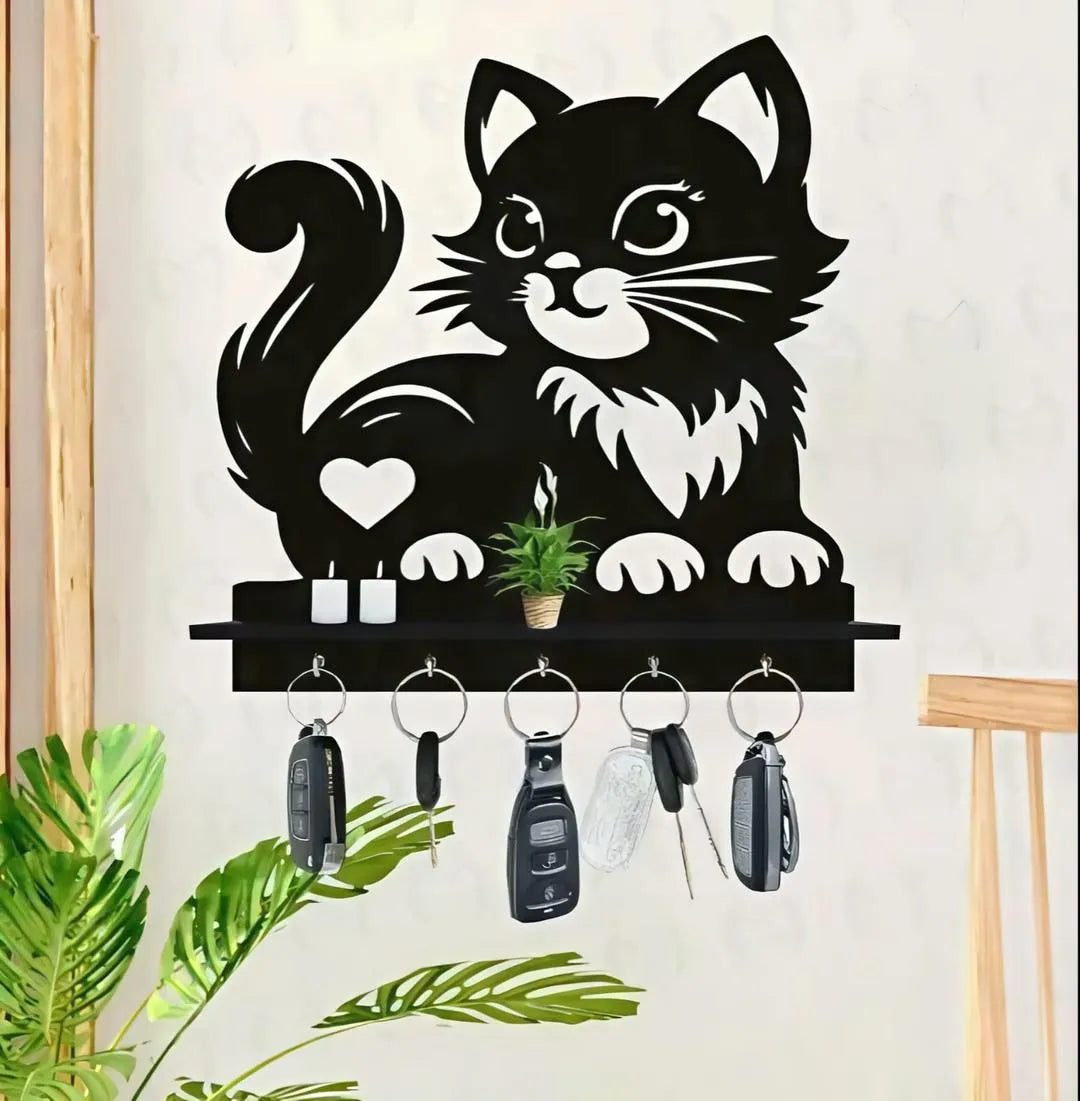 Black Cat Key Holder with Heart Design | 8×8 Inch MDF Decorative Wall Mounted Key Organizer