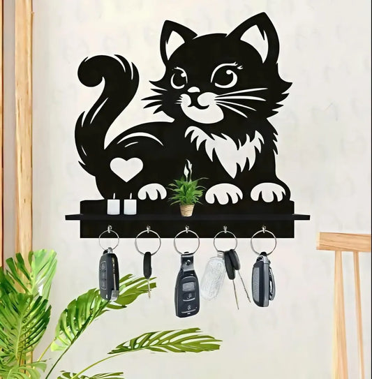 Black Cat Key Holder with Heart Design | 8×8 Inch MDF Decorative Wall Mounted Key Organizer