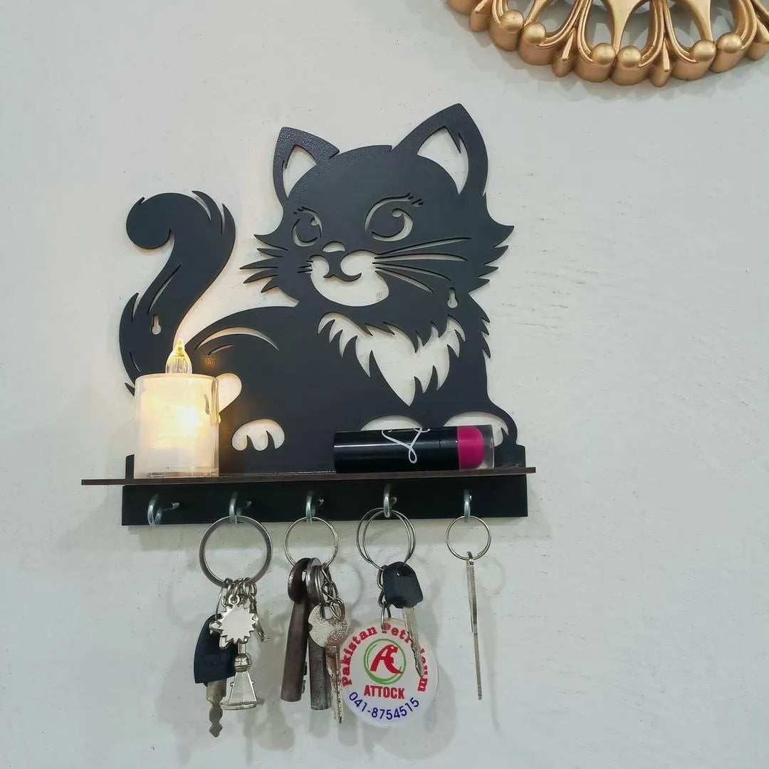 Black Cat Key Holder with Heart Design | 8×8 Inch MDF Decorative Wall Mounted Key Organizer