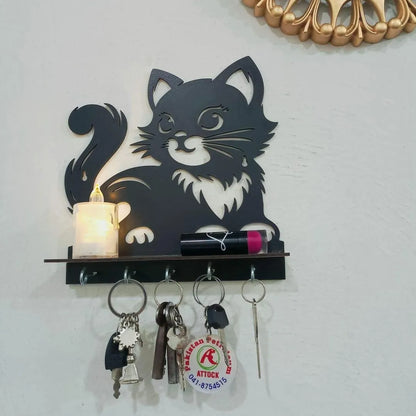 Black Cat Key Holder with Heart Design | 8×8 Inch MDF Decorative Wall Mounted Key Organizer