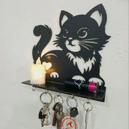 Black Cat Key Holder with Heart Design | 8×8 Inch MDF Decorative Wall Mounted Key Organizer