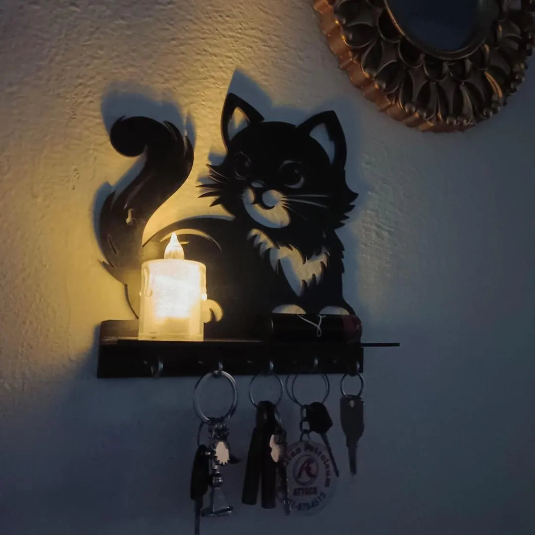 Black Cat Key Holder with Heart Design | 8×8 Inch MDF Decorative Wall Mounted Key Organizer