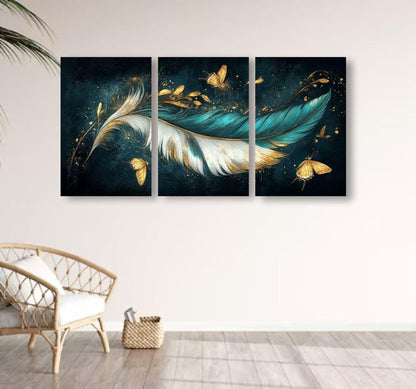 Abstract Art Wall Frame Set | 3 Pieces Wooden Teal & Gold Decorative Wall Décor