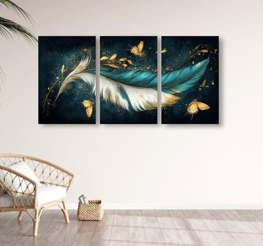 Abstract Art Wall Frame Set | 3 Pieces Wooden Teal & Gold Decorative Wall Décor