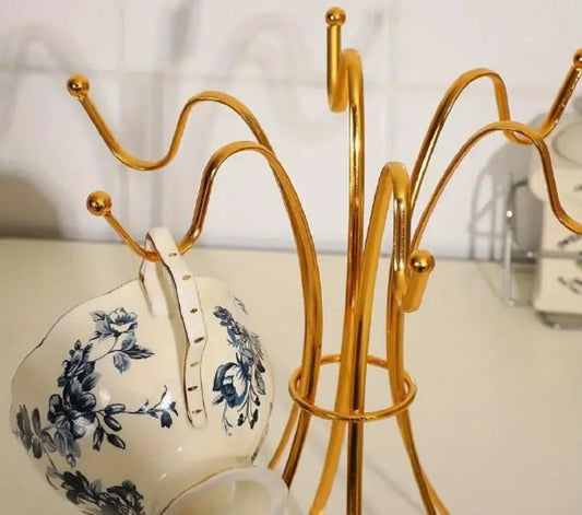 Golden Metal Mug Rack with 6 Hooks | Coffee Cup Holder for Kitchen & Bar