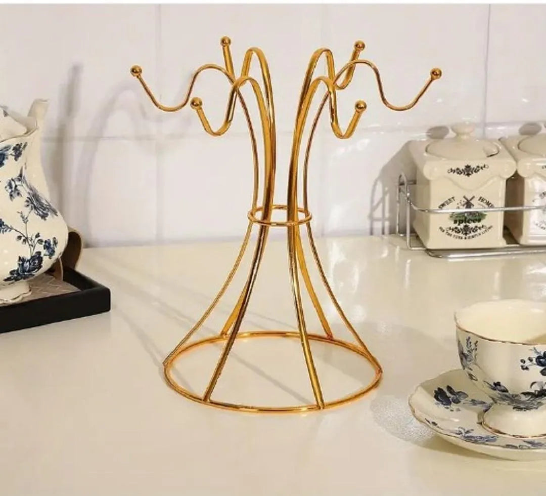 Golden Metal Mug Rack with 6 Hooks | Coffee Cup Holder for Kitchen & Bar