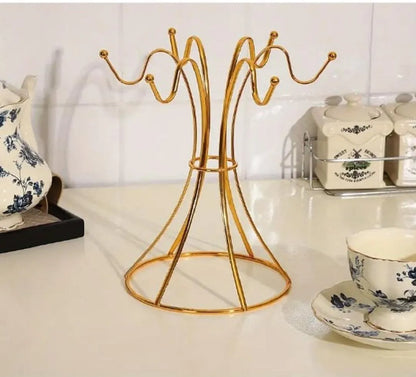 Golden Metal Mug Rack with 6 Hooks | Coffee Cup Holder for Kitchen & Bar