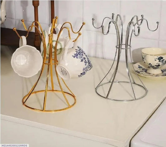 Golden Metal Mug Rack with 6 Hooks | Coffee Cup Holder for Kitchen & Bar