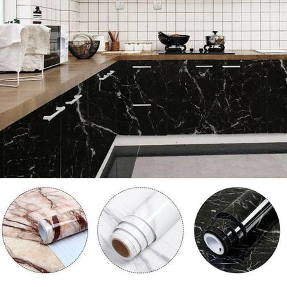 Black & White Marble Self-Adhesive Wallpaper Roll for Kitchen Countertops & Walls