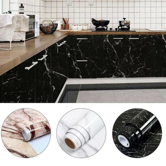 Black & White Marble Self-Adhesive Wallpaper Roll for Kitchen Countertops & Walls