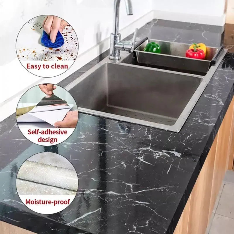 Black & White Marble Self-Adhesive Wallpaper Roll for Kitchen Countertops & Walls