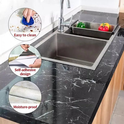 Black & White Marble Self-Adhesive Wallpaper Roll for Kitchen Countertops & Walls