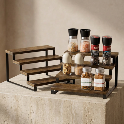 4-Layer Wooden Spice Rack with Black Metal Support | Kitchen Counter Organizer
