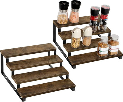4-Layer Wooden Spice Rack with Black Metal Support | Kitchen Counter Organizer
