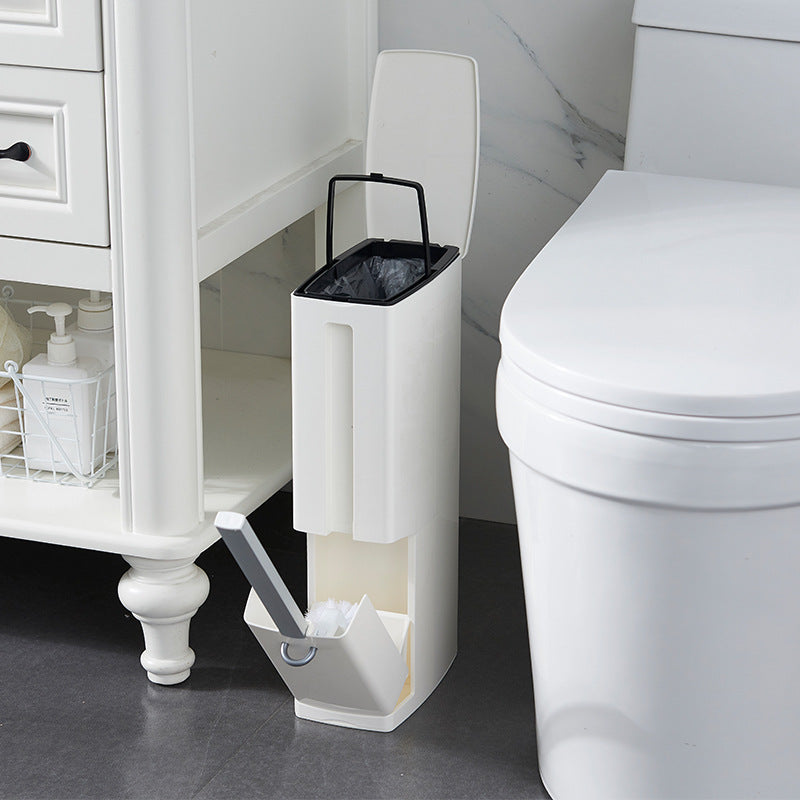 Modern Toilet Brush & Trash Can Set | White & Coffee Plastic Bathroom Cleaning Set